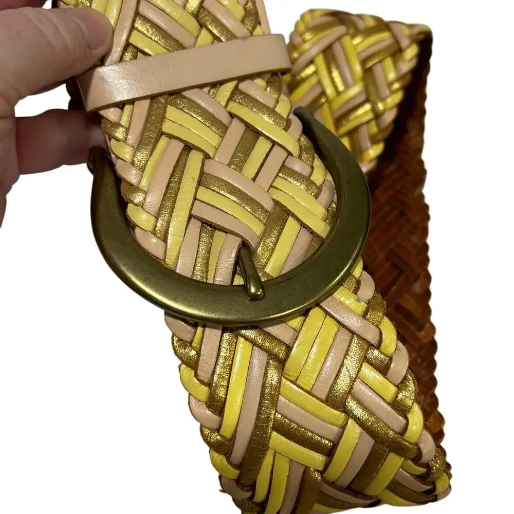 Linea Pella Multistrand braided leather belt wide beige nude yellow gold size L
